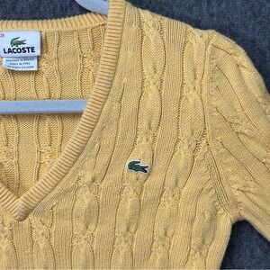Lacoste Sweater Womens 38 (Apx XS) Yellow Cable Knit V Neck Logo Pullover